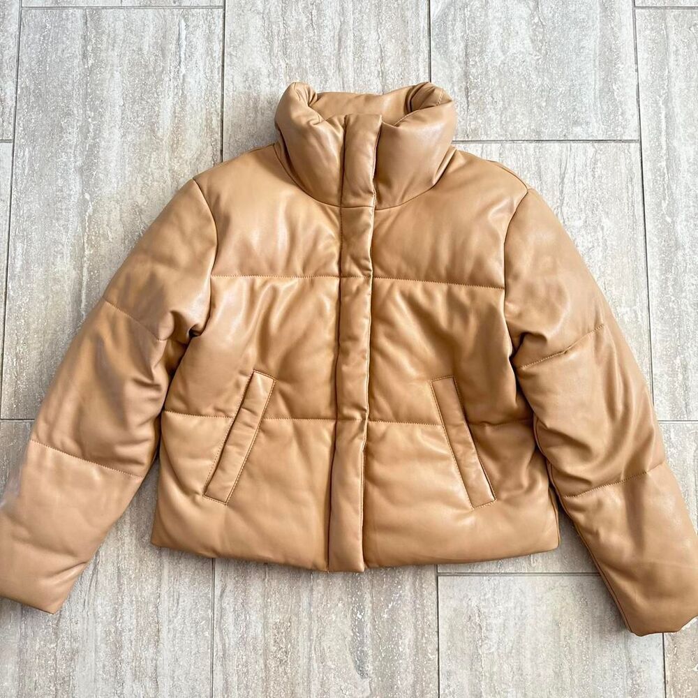 Abercrombie & Fitch Tan Brown Vegan Leather Mini Puffer Jacket Neutral Size M
